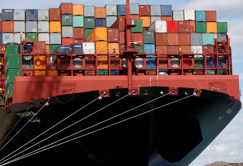FILE PHOTO: Shipping containers are stacked on a cargo ship in the dock in Southampton