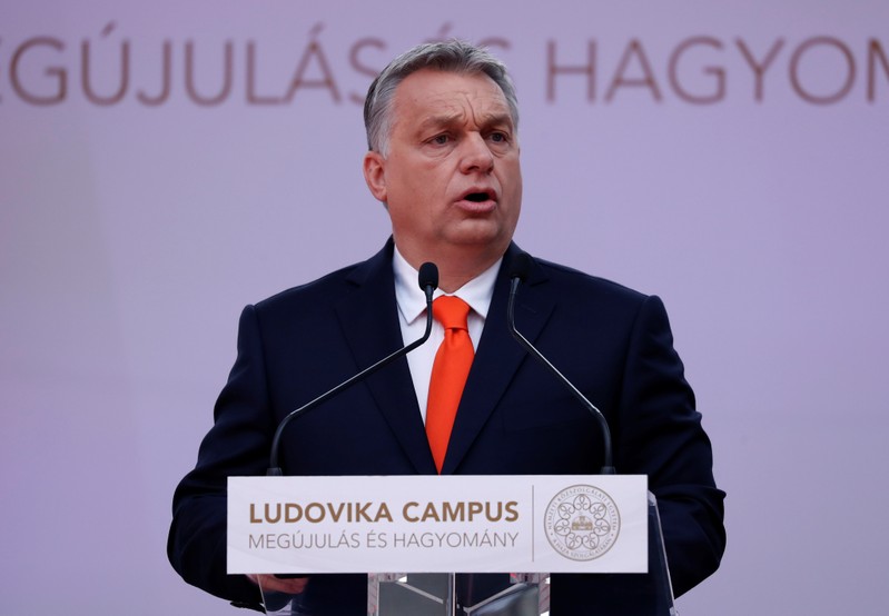 Hungarian Prime Minister Orban delivers a speech at the National University of Public Service in Budapest