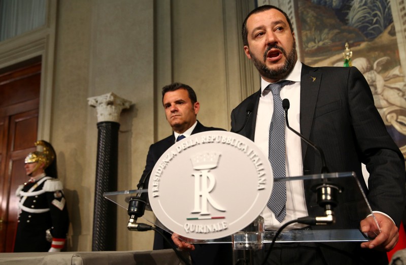 League party leader Matteo Salvini speaks to the media during the second day of consultations with Italian President Sergio Mattarella at the Quirinal Palace in Rome