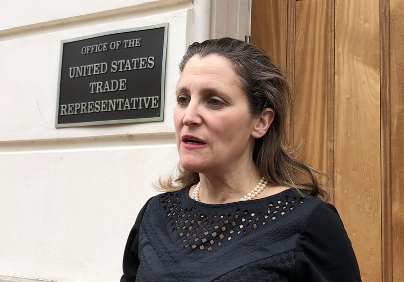 Canadian Foreign Minister Chrystia Freeland speaks with reporters after meeting with U.S. Trade Representative Robert Lighthizer to discus NAFTA autos negotiations in Washington