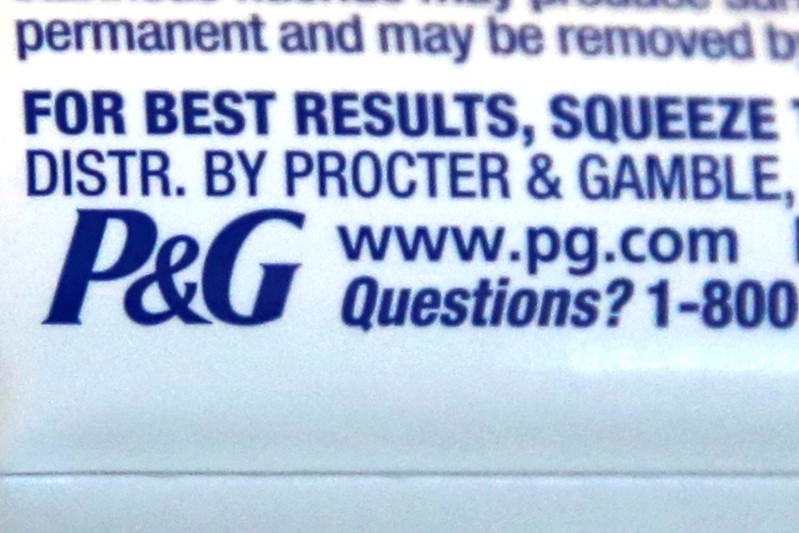 FILE PHOTO: The logo of Dow Jones Industrial Average stock market index listed company Procter & Gamble (PG) is seen on a tube of toothpaste in Los Angeles