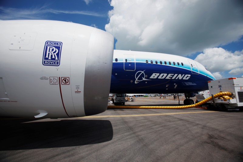 View of one of two Rolls Royce Trent 1000 engines of Boeing 787 Dreamliner during media tour of the aircraft ahead of the Singapore Airshow in Singapore