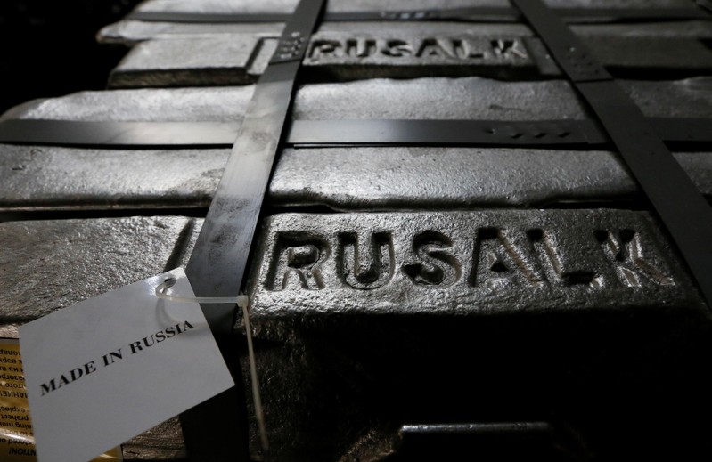 FILE PHOTO: Aluminium ingots are seen stored at foundry shop of Rusal Krasnoyarsk aluminium smelter in Krasnoyarsk