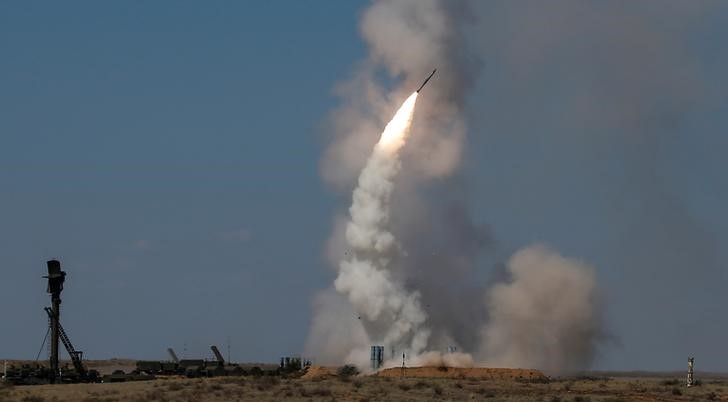 An S-300 air defense missile system launches a missile during the Keys to the Sky competition at the International Army Games 2017 at the Ashuluk shooting range outside Astrakhan