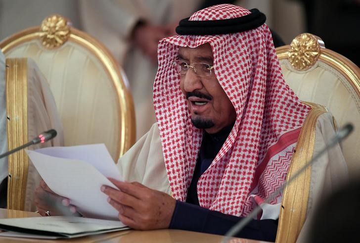 Saudi Arabia's King Salman attends a meeting with Russian President Vladimir Putin in the Kremlin in Moscow