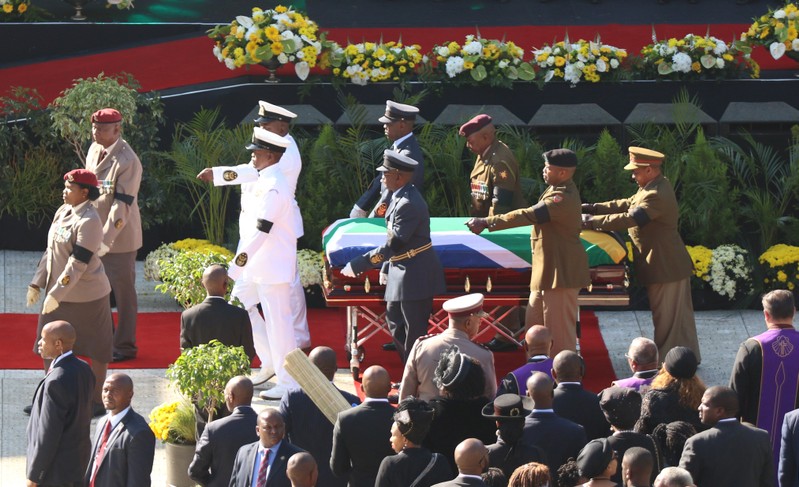 The coffin of Winnie Madikizela-Mandela arrives at the Orlando stadium in Soweto