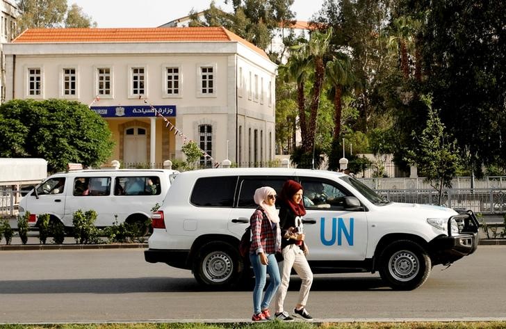 The United Nation vehicle carrying the Organisation for the Prohibition of Chemical Weapons (OPCW) inspectors is seen in Damascus