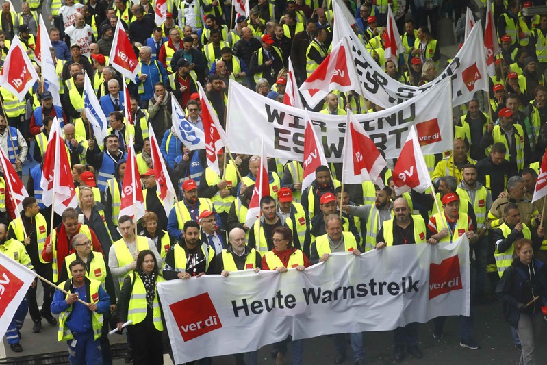 Members of German public sector workers union Verdi stage a strike at the airport in demand for higher wages in Frankfurt