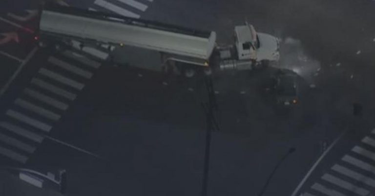 Video: Car chase suspect rams big rig hauling jet fuel