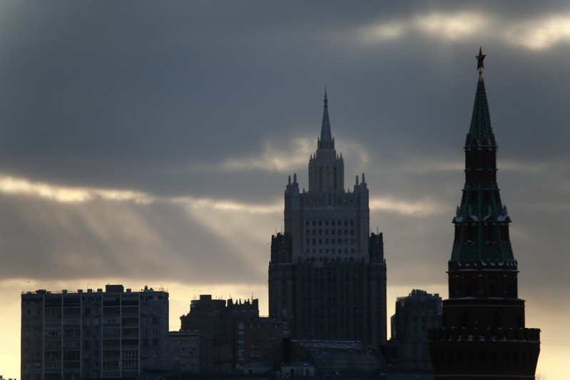 FILE PHOTO: A view shows a tower of the Kremlin and the Foreign Ministry headquarters in Moscow