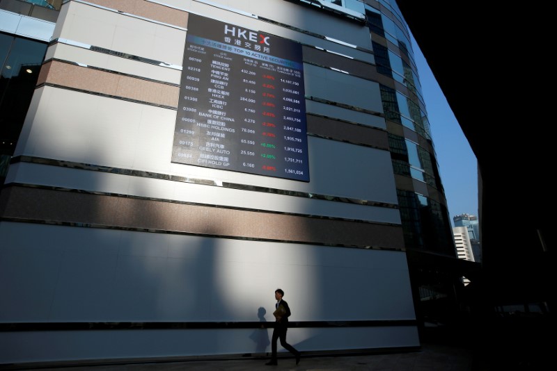 FILE PHOTO: A panel displays a list of top active securities outside the Hong Kong Exchanges in Hong Kong