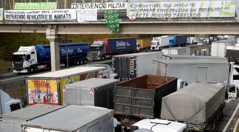 Truckers attend a protest against high diesel fuel prices at BR-116 Regis Bittencourt highway in Sao Paulo