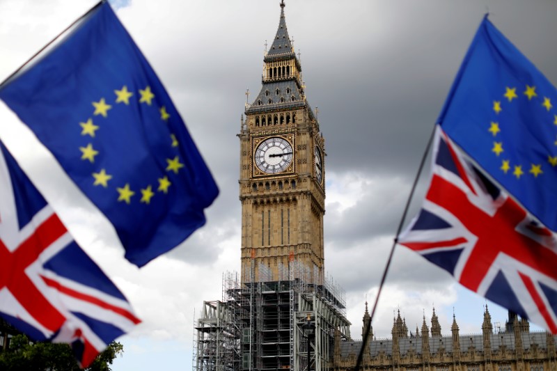 FILE PHOTO: Union Flags and European Union flags fly near the Elizabeth Tower, housing the Big Ben bell, during the anti-Brexit 'People's March for Europe', in Parliament Square in central London