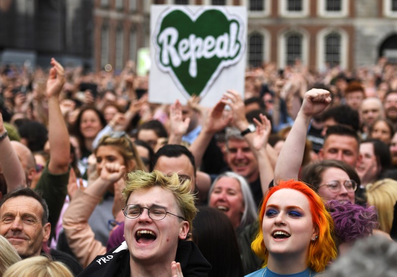 FILE PHOTO: People celebrate the result of yesterday's referendum on liberalizing abortion law, in Dublin