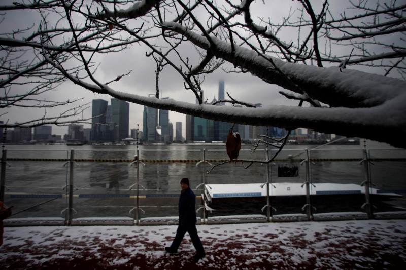 A man walks in front of Shanghai's financial district at the Bund promenade as snow falls in Shanghai,