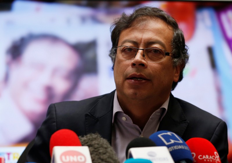 Colombian presidential candidate Gustavo Petro speaks to the media during a news conference in Bogota