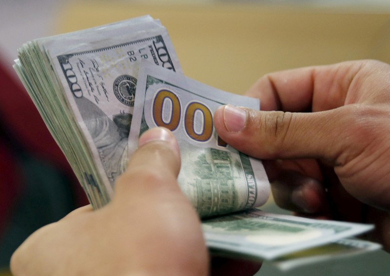 FILE PHOTO: A customer counts his U.S. dollar money in a bank in Cairo