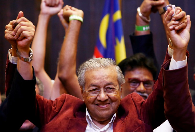 Mahathir Mohamad reacts during a news conference after general election, in Petaling Jaya