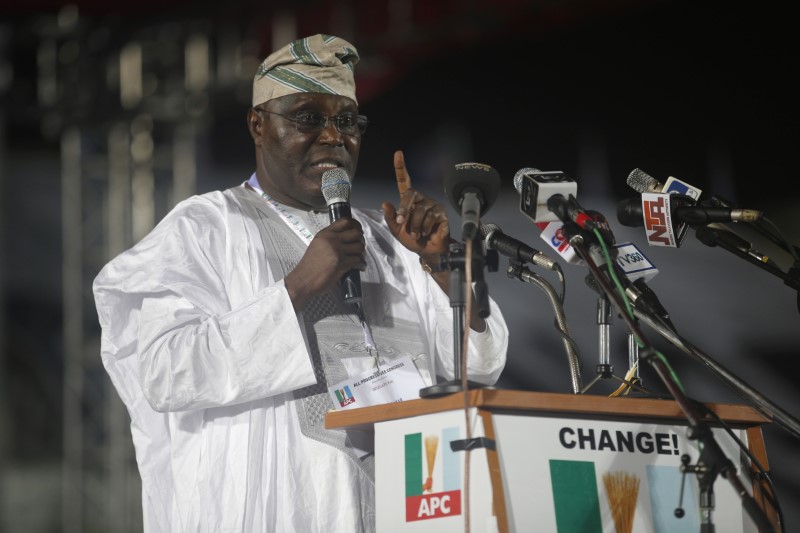 FILE PHOTO: Presidential aspirant and Nigeria's former Vice-President Abubakar speaks as he presents his manifesto at All Progressives Congress party convention in Lagos