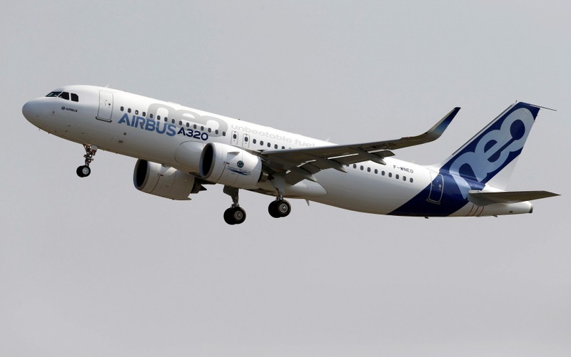 FILE PHOTO: The Airbus A320neo takes off during its first flight event in Colomiers near Toulouse, southwestern France