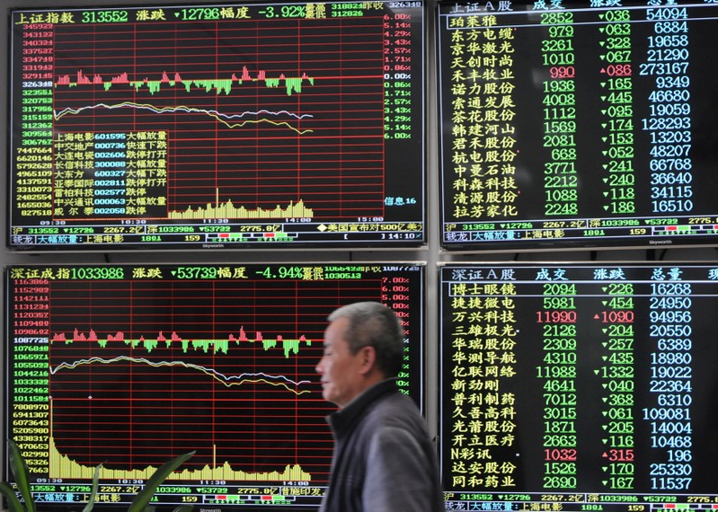 FILE PHOTO: Man is seen against an electronic board showing stock information at a brokerage house in Jiujiang, Jiangxi