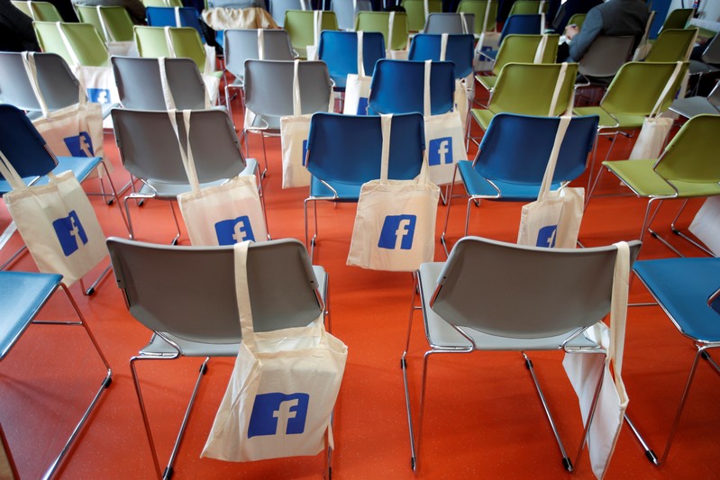 Bags with the Facebook logo are seen before a content summit at France's Facebook headquarters in Paris, France
