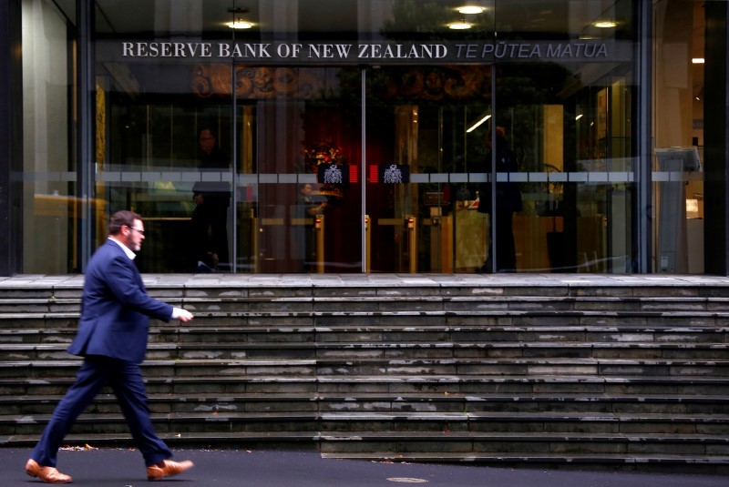 FILE PHOTO: A pedestrian walks past the main entrance to the Reserve Bank of New Zealand located in central Wellington, New Zealand