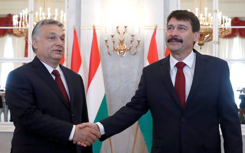 Hungarian President Ader welcomes Hungarian PM Orban at the Presidential Palace in Budapest