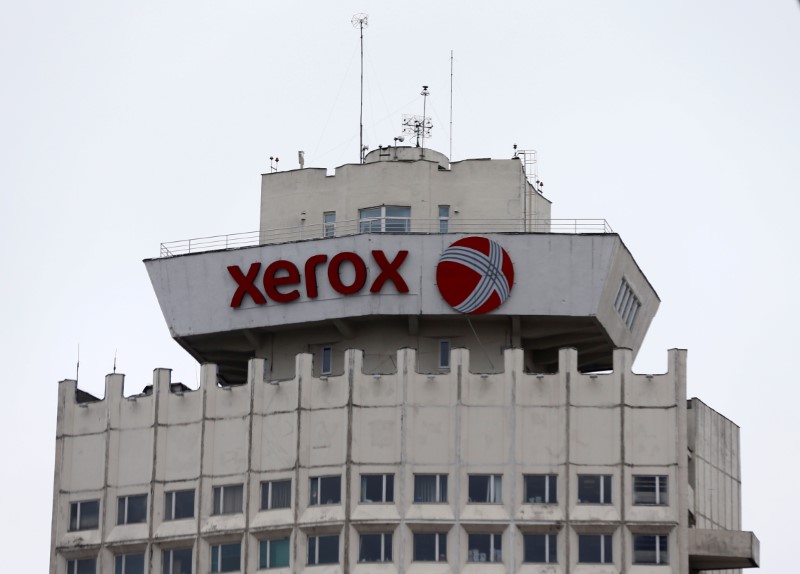 Logo of Xerox company is seen on building in Minsk