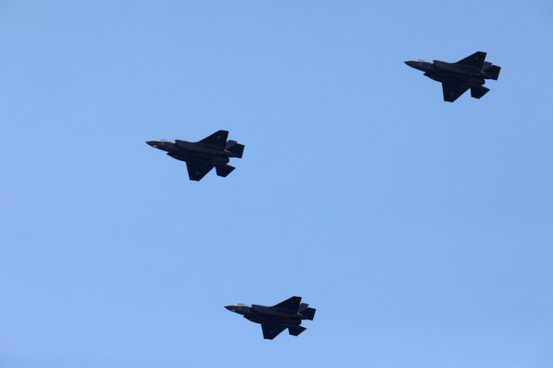 FILE PHOTO: Israeli Air Force F-35 fighter jets fly over the Mediterranean Sea during an aerial show as part of the celebrations for Israel's Independence Day marking the 70th anniversary of the creation of the state, in Tel Aviv