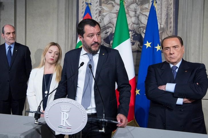 League party leader Matteo Salvini speaks next to President of Fratelli d'Italia party Giorgia Meloni and Forza Italia leader Silvio Berlusconi following a talk with Italian President Sergio Mattarella at the Quirinale palace in Rome