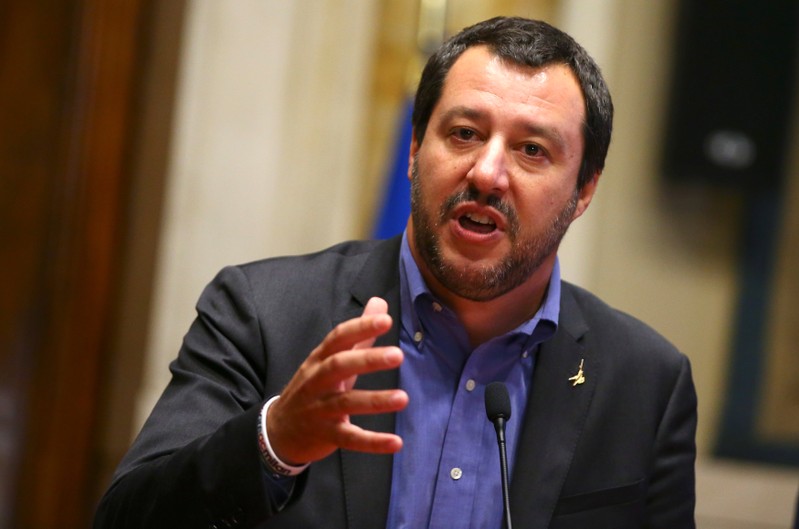 FILE PHOTO: League party leader Matteo Salvini speaks at the media after a round of consultations with Italy's newly appointed Prime Minister Giuseppe Conte at the Lower House in Rome