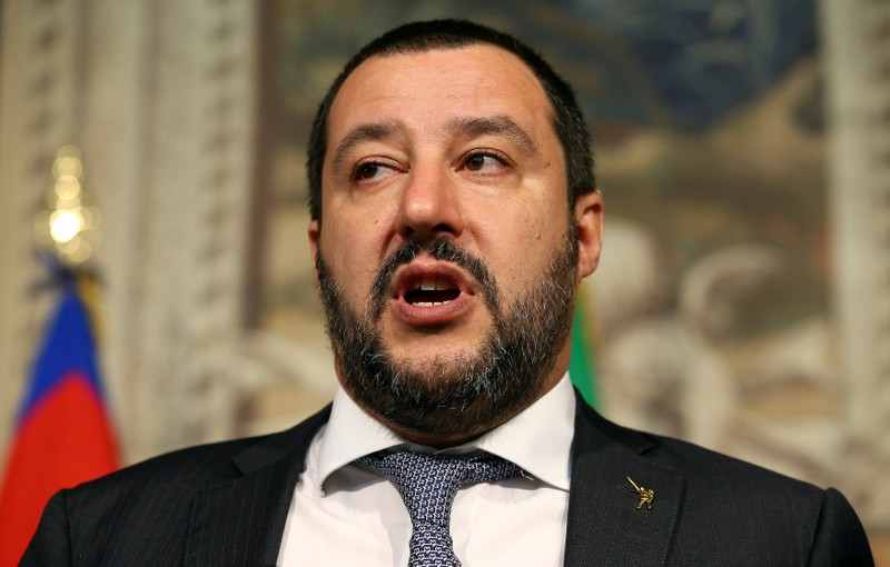 FILE PHOTO: League party leader Matteo Salvini speaks to the media during the second day of consultations with Italian President Sergio Mattarella at the Quirinal Palace in Rome