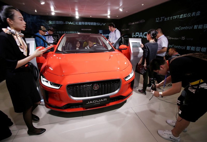 A Jaguar I-PACE car is displayed during a media preview at the Auto China 2018 motor show in Beijing