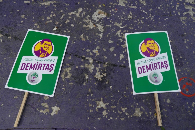 Placards with the images of Demirtas, pro-Kurdish HDP's jailed former co-leader and the candidate for the upcoming presidential election, are pictured during a gathering in Istanbul