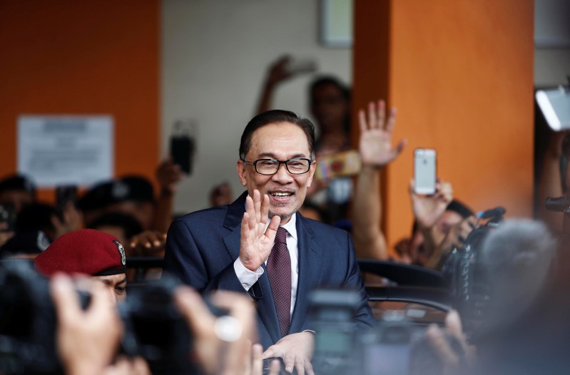 Malaysian politician Anwar Ibrahim waves as he leaves a hospital where he is receiving treatment, ahead of an audience with Malaysia's King Sultan Muhammad V, in Kuala Lumpur