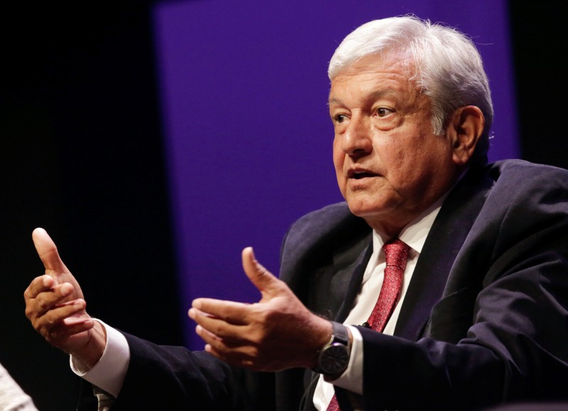 Leftist front-runner Andres Manuel Lopez Obrador of MORENA speaks during a meeting with students of the ITESM in Monterrey