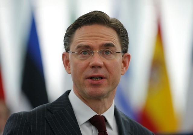 European Commission Vice President Jyrki Katainen addresses the European Parliament during a debate on the US decision to impose tariffs on steel and aluminium in Strasbourg