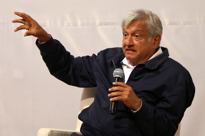 Leftist front-runner Andres Manuel Lopez Obrador of MORENA speaks during the 