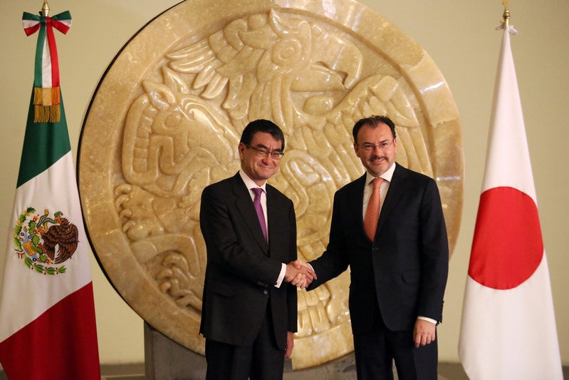 Mexico's Foreign Minister Luis Videgaray shakes hands with his Japanese counterpart Taro Kono during a welcoming ceremony in Mexico City