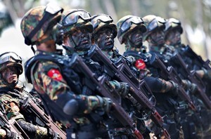 Myanmar military troops take part in a military exercise at Ayeyarwaddy delta region in Myanmar