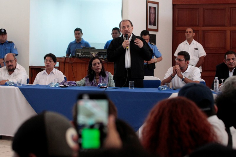Nicaragua's President Daniel Ortega spekas during first round of dialogue after a series of violent protests against his government in Managua