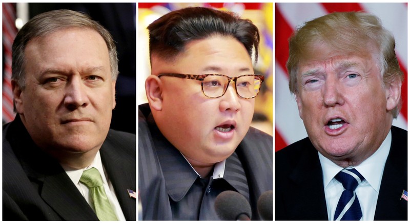 FILE PHOTO: A combination photo Mike Pompeo North Korean leader Kim Jong Un and U.S. President Donald Trump