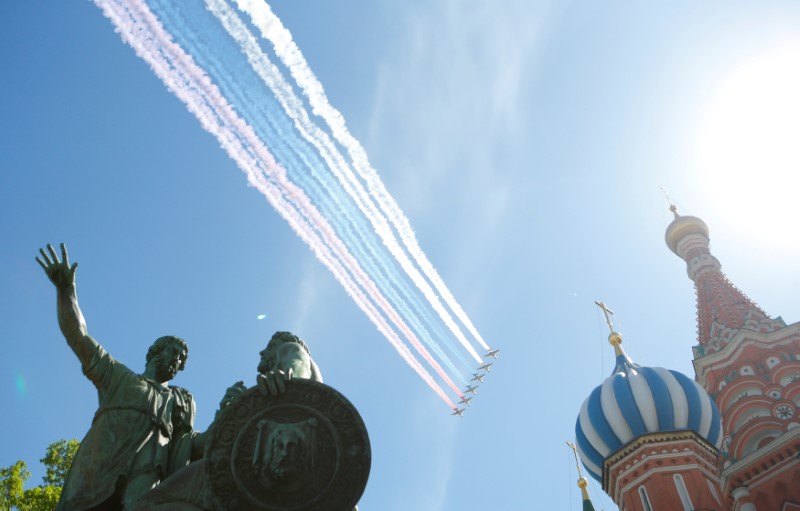 Russian Air Force Su-25 jets perform during the Victory Day parade in Moscow