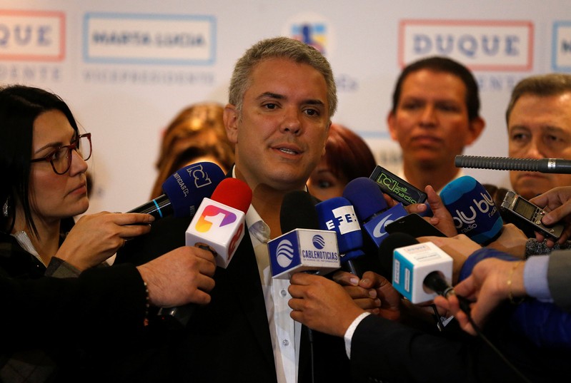 Colombian presidential candidate Ivan Duque speaks during a campaign event in Bogota