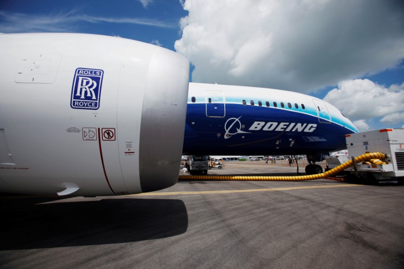 FILE PHOTO: View of one of two Rolls Royce Trent 1000 engines of Boeing 787 Dreamliner during media tour of the aircraft ahead of the Singapore Airshow in Singapore