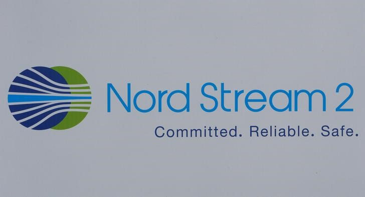 FILE PHOTO: The logo of the Nord Stream-2 gas pipeline project is seen on a board at the SPIEF 2017 in St. Petersburg, Russia