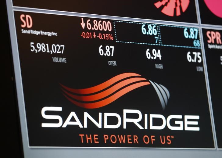 An electronic display identifies the post that trades SandRidge Energy stock on the floor of the New York Stock Exchange
