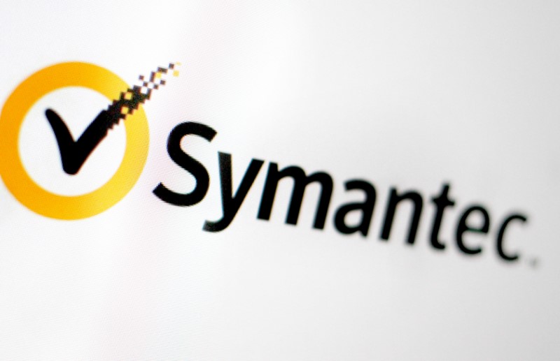 The Symantec logo is pictured on a screen