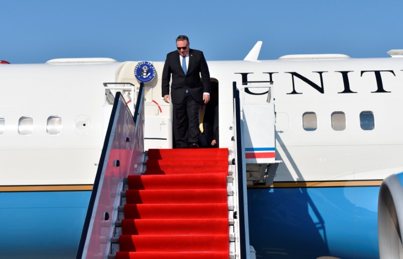 U.S. Secretary of State Mike Pompeo exits his plane on arrival in Pyongyang
